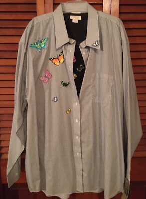 Black Striped Shirt/Butterfly Appliqué/Black T-Shirt Size 3XL
