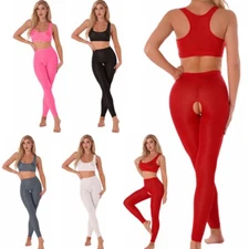 Sexy Women's See-through Crop Tops Tnak Vest with Crotchles Pants Set Yoga