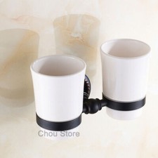 Dual Wall Mount Toothbrush Cup Holder Oil Rubbed Bronze Finish Ceramic Tumblers