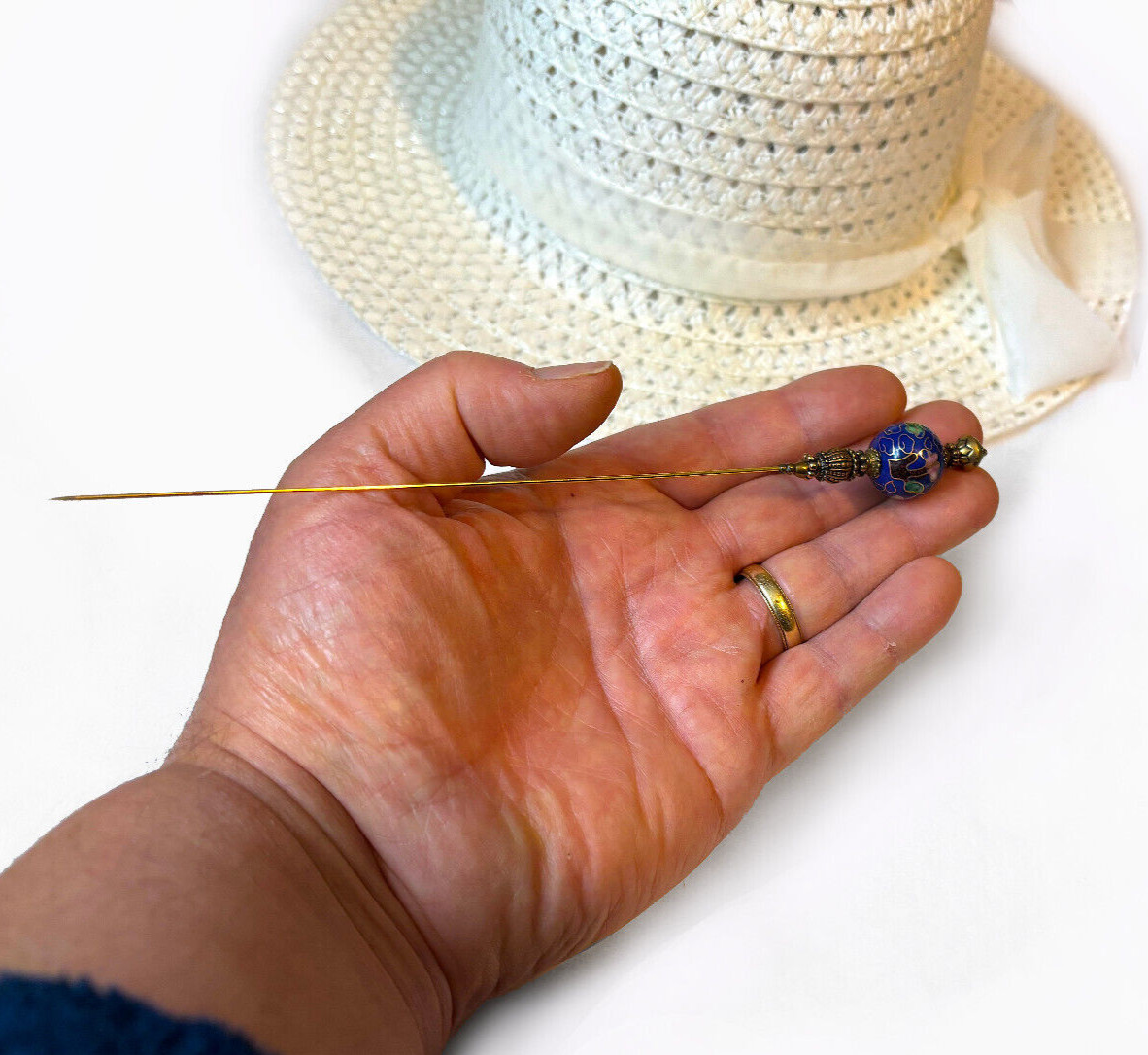 Hatpin with Vintage Tibetan Dark Blue Cloisonne on antique Brass Finish 8"