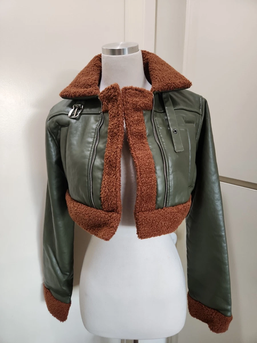 Pretty Little Thing Olive Vegan Lthr Rust Faux Fur Aviator Jacket Size 2 NWT