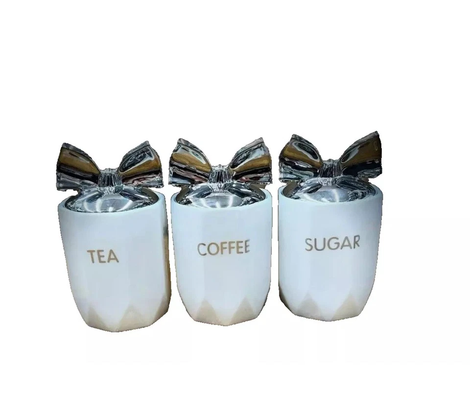 Tea Coffee Sugar Jar White Chrome Bow Storage 3pcs Set Ceramic AirTight Canister - Image 2 of 4