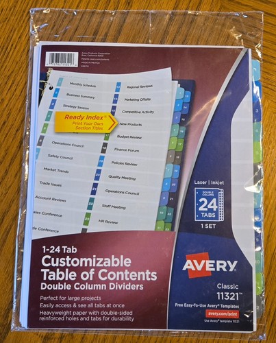 Avery Double Column Ready Index 24 Tab Dividers Customizable TOC #11321 NIP