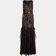 Beaded Floral Print Satin Tulle Embellished Hem V-Neck Sleeveless Gown