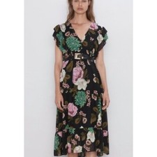 ZARA LOOSE-FITTING V-NECK RUFFLED FLORAL PRINT DRESS Size XS-S