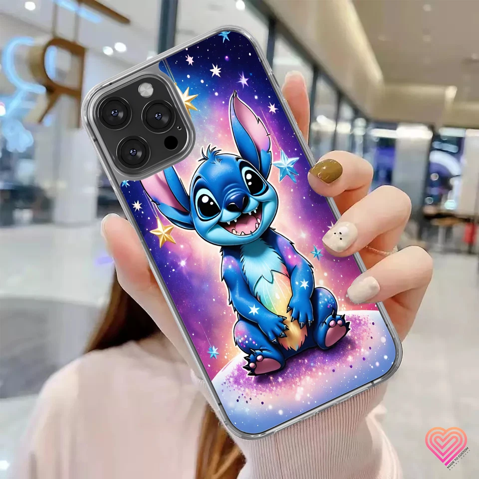 Angle view showing precise cut-outs and slim glossy profile of the Stitch phone case