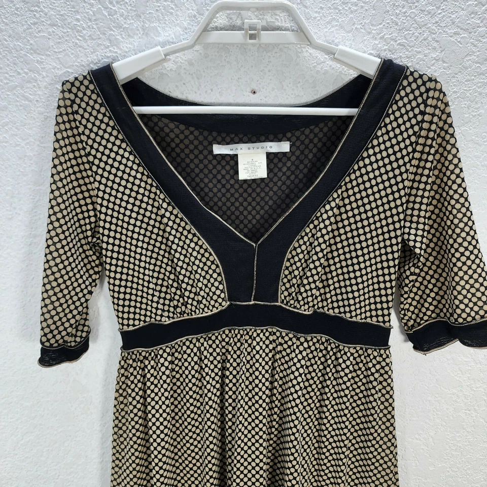 Vestido corto para mujer Max Studio marrón negro malla lunares cuello en V talla M elástico Foto 3 de 4