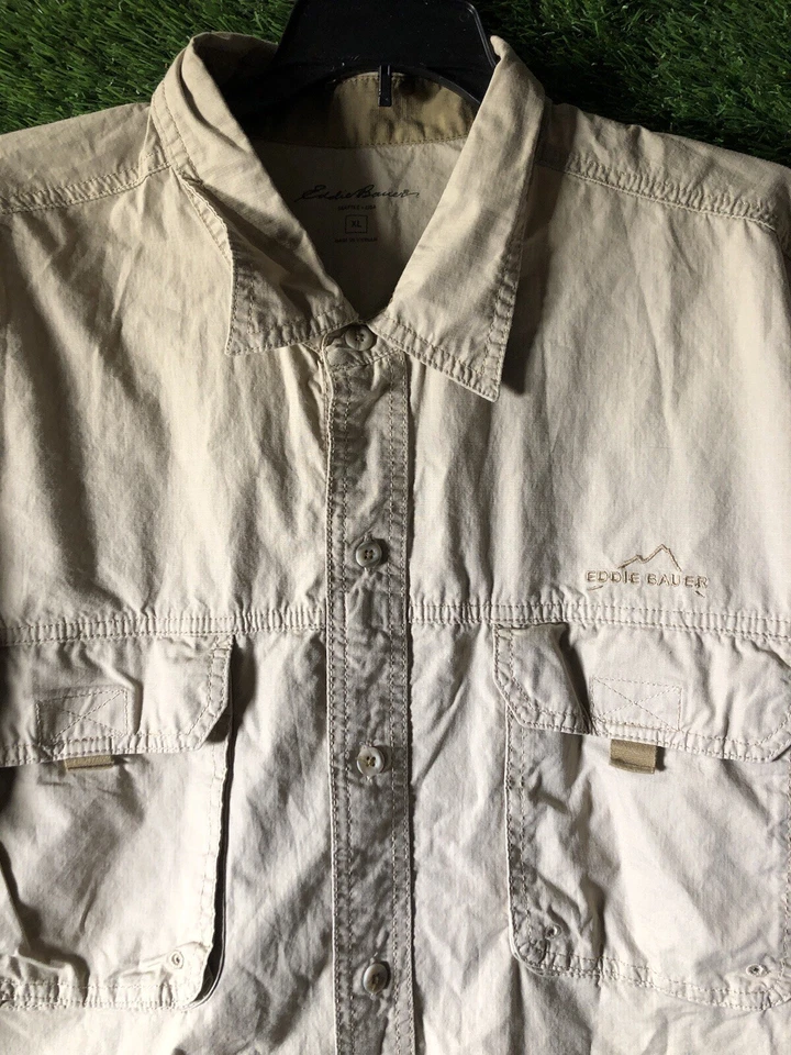 Eddie Bauer Mens XL Linen Blend Shirt Short Sleeve Button Down Pockets Tan - Image 2 of 4