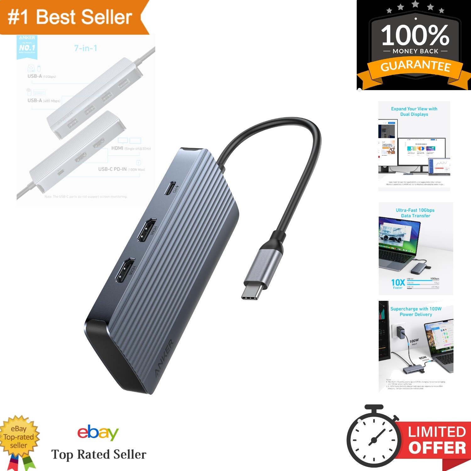 Multifunction USB-C Hub with Dual HD Display & Fast Charging - Aluminum Design