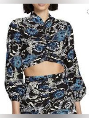 A.L.C. Malley Silk Cropped Blouse Blue Black Floral Print Long Sleeve Size S