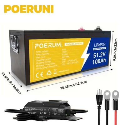 48V 100Ah LiFePO4 Lithium Battery POERUNI BMS with Charger For RV Golf Carts