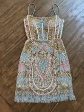 Rachel Allan Size 4 Beaded Fringe Cocktail Dress Blue Pink Gold Homecoming Prom