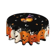 Halloween Round Tablecloth 60x60 Inch Pumpkin Ghost Table Cover Holiday Black