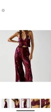 New Free People FP x Anna Sui Poppy Embroidered Pants Set $298 SIZE 2 Wine Silky