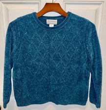 Alfred Dunner Womens Soft Knit Acrylic LS Crew Neck Teal Blue Sweater Petite L
