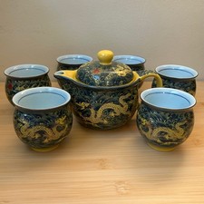 7 pc Gongfu Tea Set w/ Dragon Blue Yellow Porcelain Cup Kung Fu Chinese China