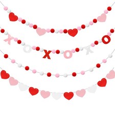 4 Pcs Valentine  s Day Heart Felt Banner Pink XOXO Felt Banner Valentines Whit...