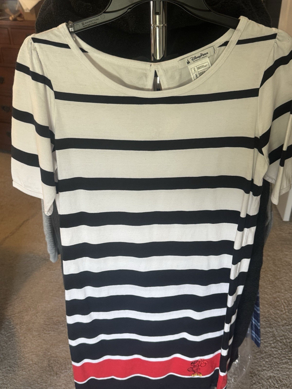 NWT Disney Parks Minnie Mouse Embroidered Black White Striped Midi Dress Size S
