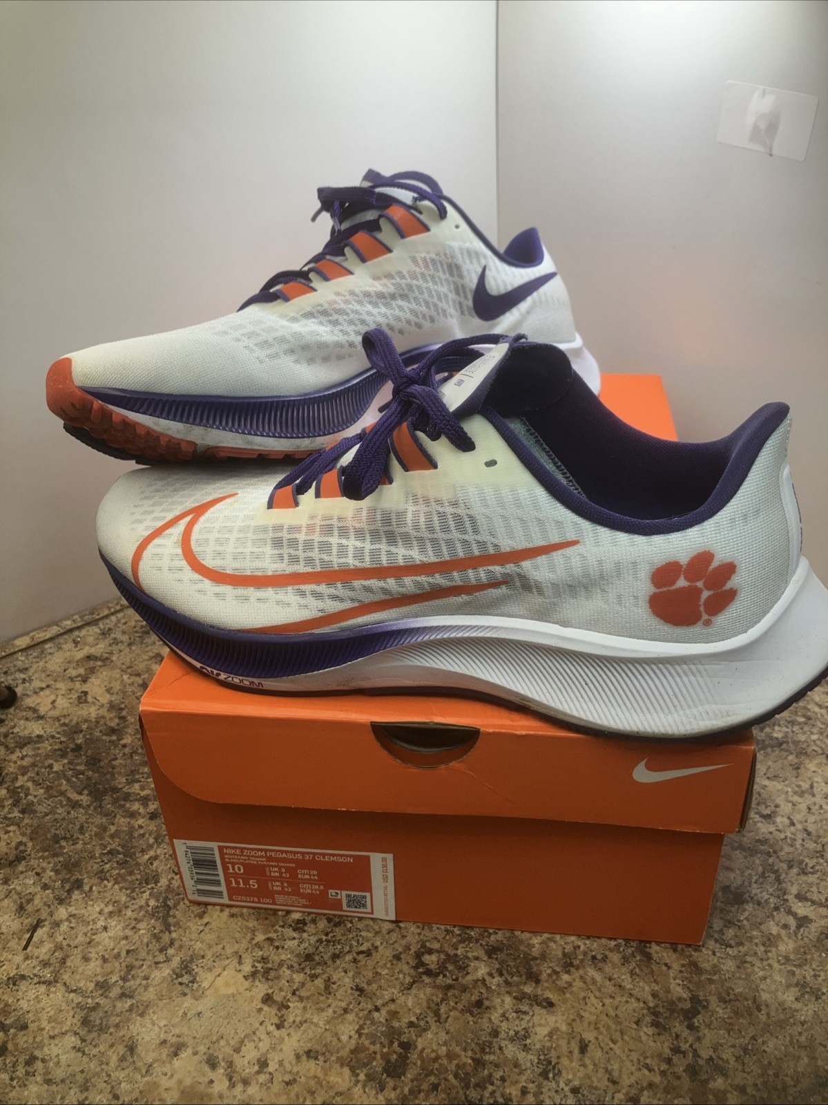 Clemson Tigers Nike Zoom Pegasus 37 Shoes Men's 10 White Purple Orange Running