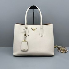 Prada Double Large Tote Off‑White Saffiano Cuir Leather Gold Hardware Auth