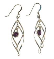 Vtg MC Sterling Silver 925 Round Amethyst Dangle Earrings Swirl Designer Gift