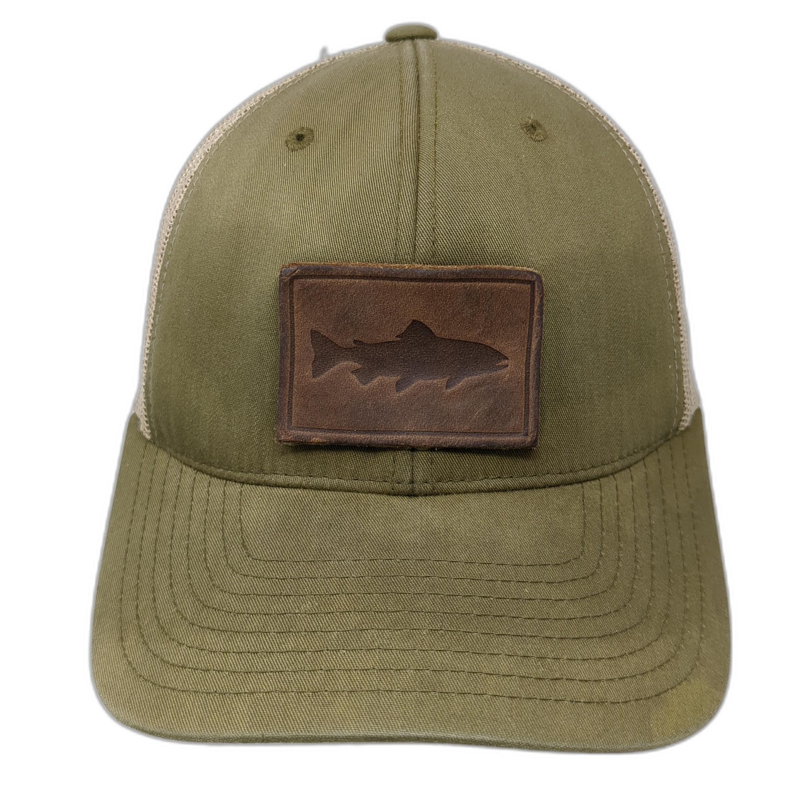 Fish Leather Patch Snapback Trucker Hat Green One… - image 1