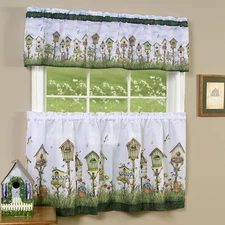 3PC Floral Window Kitchen Curtain Set Love Birds Birdhouse Tier Panel & Valance