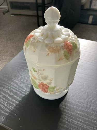 Westmoreland Autumn Grape Milk Glass Covered Candy Dish with Lid Vintage 1970s
