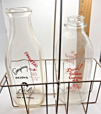 Vintage Milkman's Delivery Carrier with 2 Glass different Milk Bottles