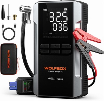 Starthilfegerät 12V 4000A 88.8Wh Reifenfüller 65W Ladekabel WOLFBOX