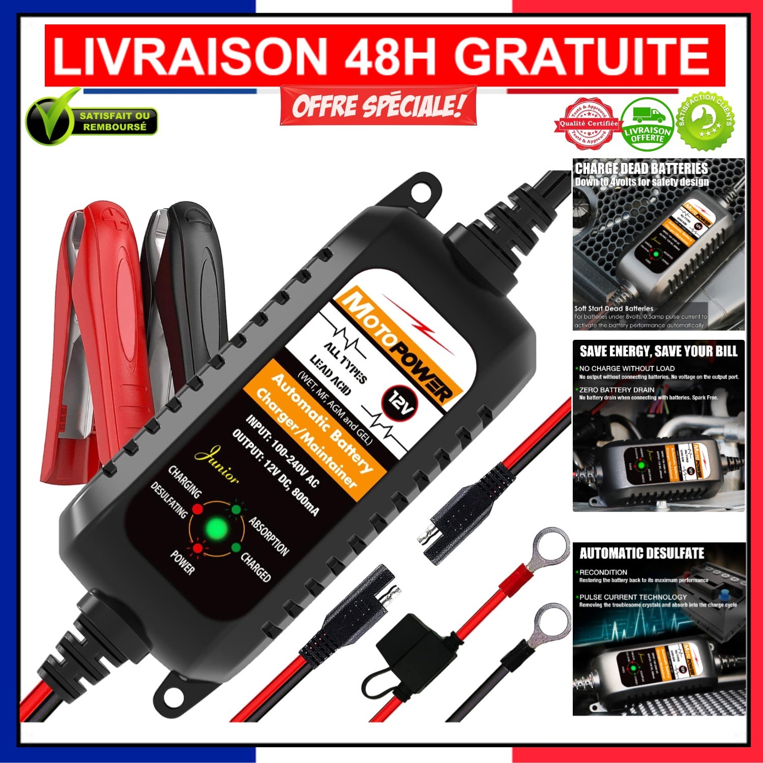 Chargeur automatique 12V 800mA maintenance batterie moto et quad