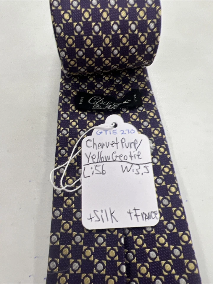 Corbata de cuello de seda geométrica púrpura y amarilla Charvet para hombre $395 Foto 4 de 4
