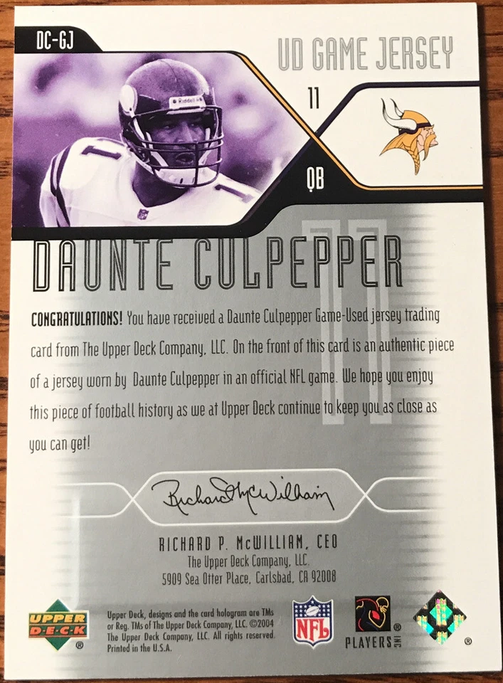 2004 Upper Deck Game Jerseys Daunte Culpepper DC-GJ Minnesota Vikings - Image 2 of 2