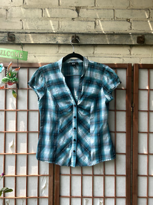 BCX Women's M Blue/Black/Silver gingham button up blouse, puffed sleeves