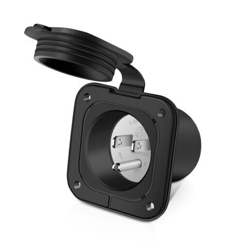 Journeyman-Pro 15A 120V Flanged Inlet Power Port Plug For RV, Trailer, Marine - White/Black
