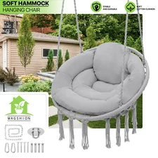 Grey Macrame Hammock Swing Chair Outdoor Hanging Cotton Rope Tassel Cushion Seat