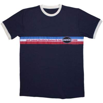 Oasis '1996 Tour Horizontal Stripes' Blau-weißes Eco-Ringer-T-Shirt - NEU!