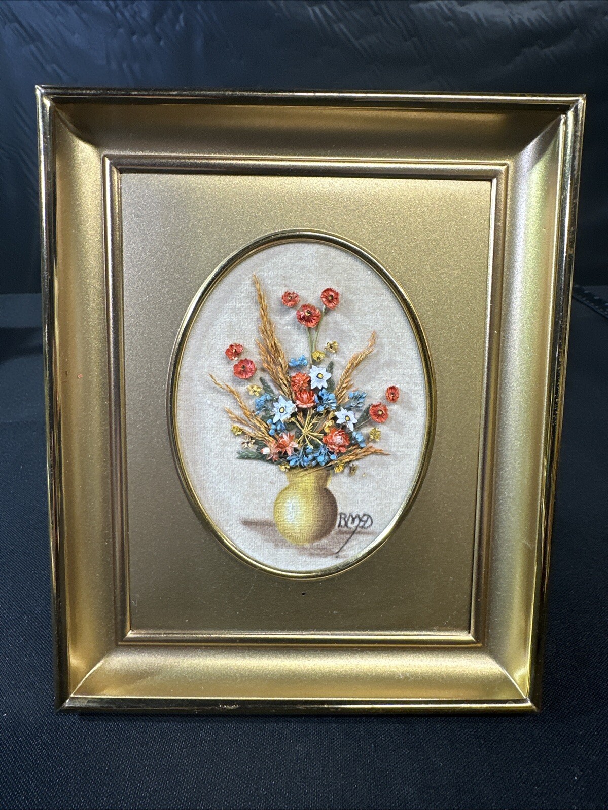 Vintage Dried Flowers And Painting Framed Artwork Signed Betty McDill USA-image