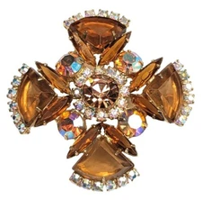 Juliana AB Amber Topaz Rhinestone Maltese Cross Large Gold Tone Brooch *Read