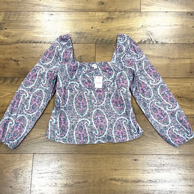J Crew Top Womens 8 Sweetheart Paisley Long Sleeve Smocked Square Neck NWT