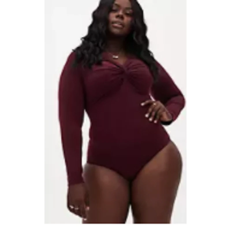 Torrid Burgundy Purple Studio Knit Twist Front Bodysuit in