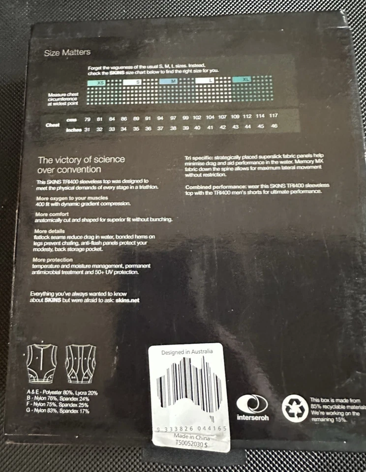 Top de ciclismo Skins Tri 400 de compresión, sin mangas para hombre, negro/amarillo/blanco, pequeño Foto 2 de 2