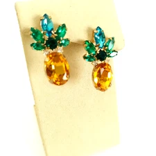 Rhinestone Pinapple Earrings Faceted Green and Gold Novelty for Pierced Ears