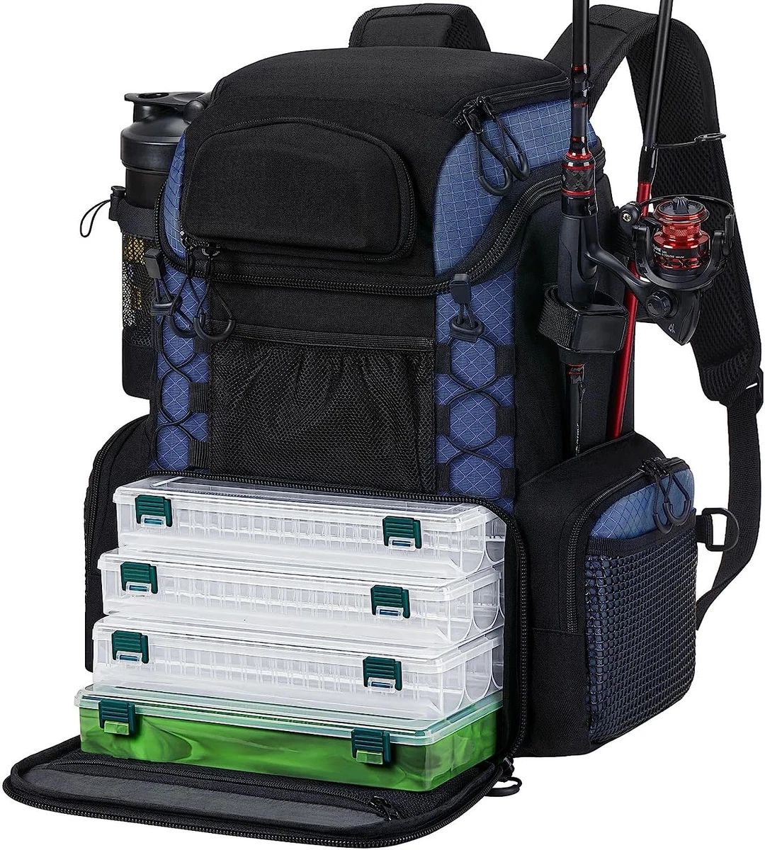 Fishing Tackle Backpack with 4 Tackle Boxes, Rod Holders