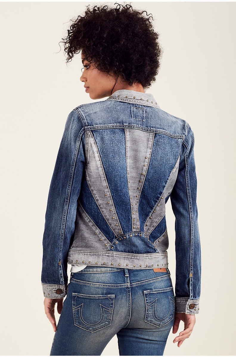 NEW TRUE RELIGION DENIM JEANS JACKET STUDDED BIKER DARK NEW TRUE RELIGION DENIM JEANS JACKET STUDDED BIKER DARK