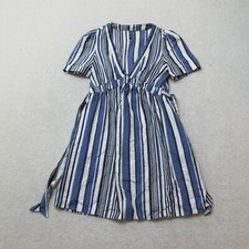 Zara Trafaluc A-line Dress Womens XS Blue Striped V-Neck Short Cotton Linen