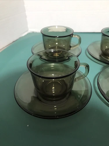 Vintage 1970s Set of 6 Arcoroc France Smoky Glass Tea Coffee Cups and Saucers