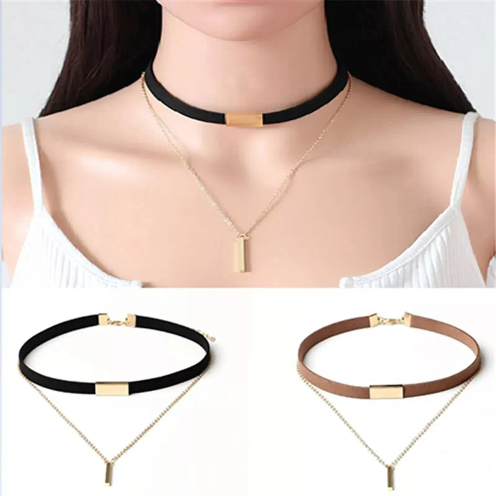 Gothic Choker Chain Bar Pendant Necklace in Gold and Silver