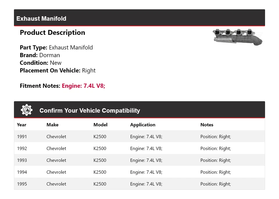 Colector de escape derecho para Chevrolet K2500 1991-1995 7,4 L V8 Dorman 1992 1993 Foto 2 de 4