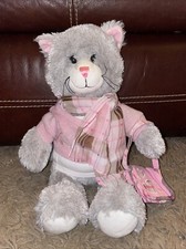 Build a Bear retired Gray Kitty Cat 16" with a plaid pink outfit